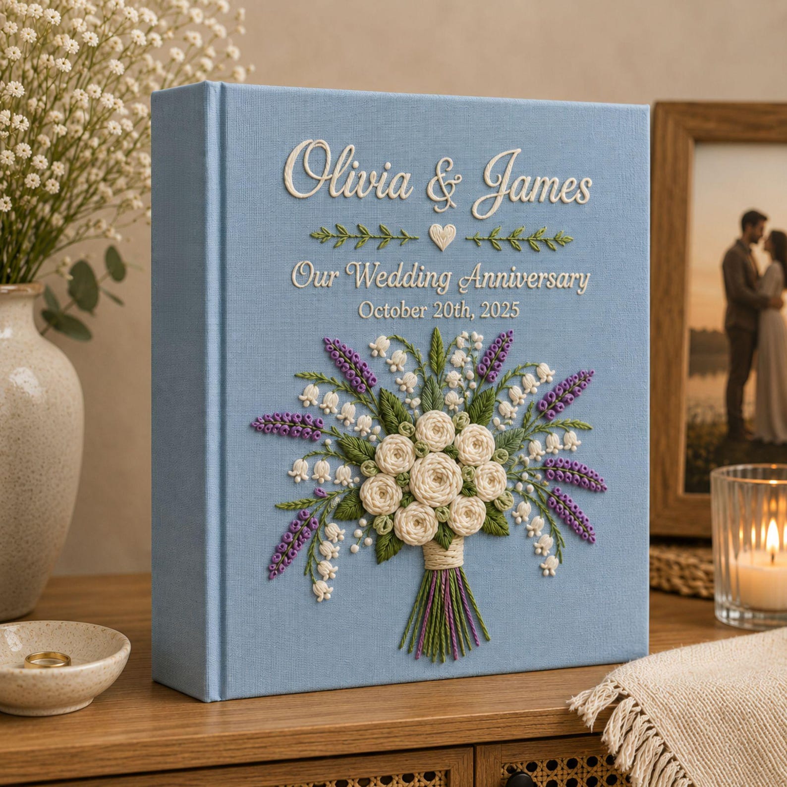Personalized lavender lily bouquet hand embroidered photo album with custom names and anniversary date on linen cover
