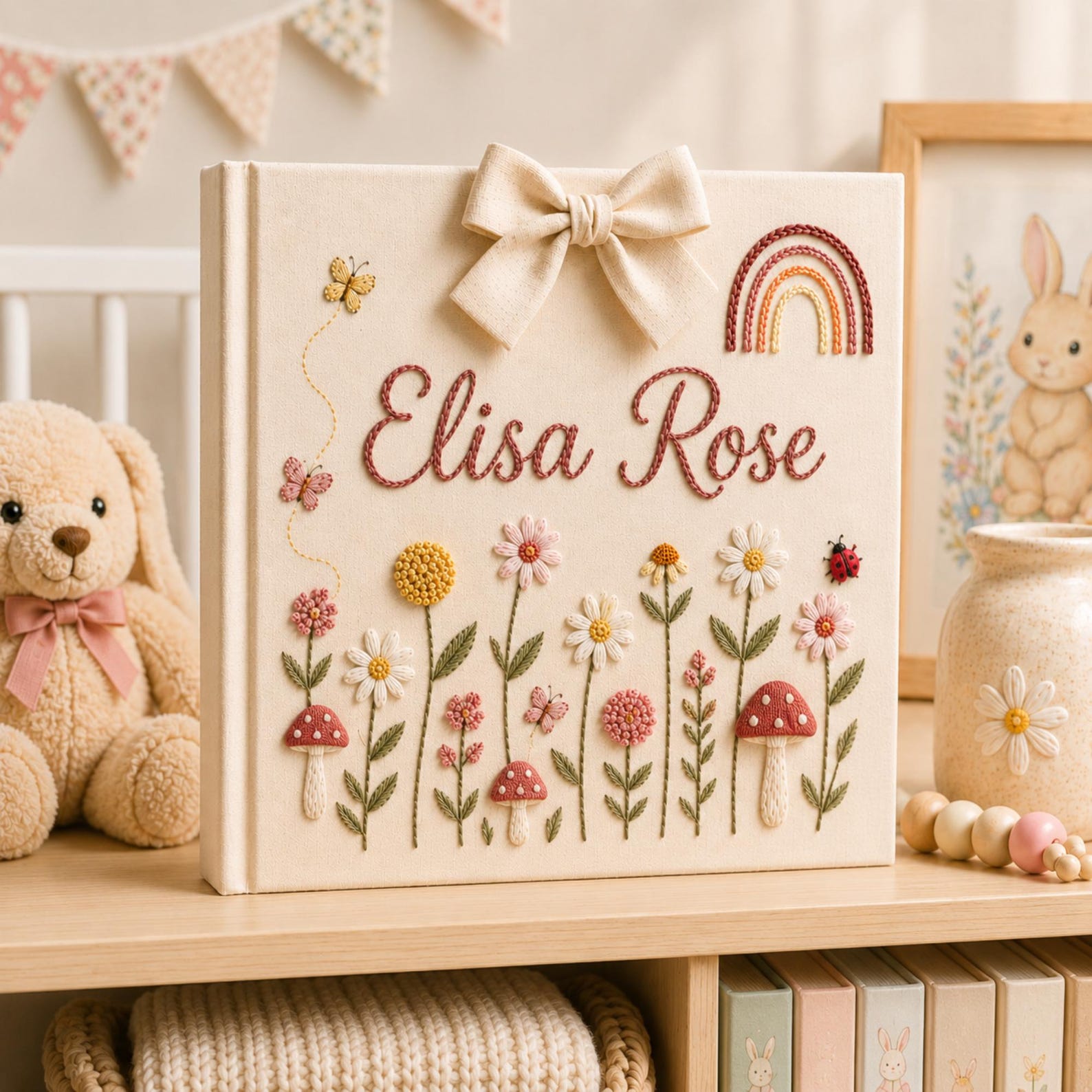 Personalized floral rainbow hand embroidered baby photo album with butterflies mushrooms and fabric bow