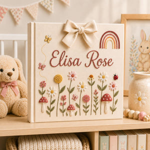 Personalized floral rainbow hand embroidered baby photo album with butterflies mushrooms and fabric bow