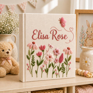 Personalized floral butterfly hand embroidered photo album with pastel wildflowers and custom baby name