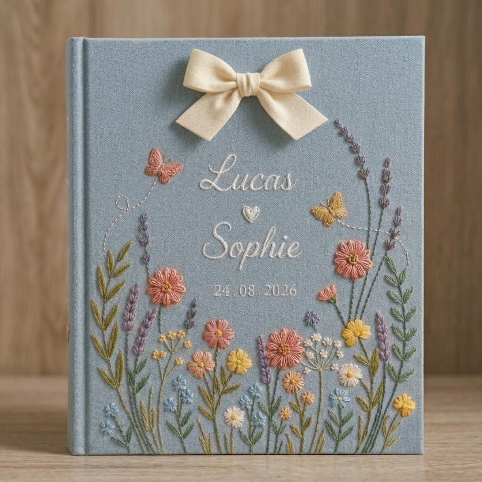 Personalized embroidered floral couple photo album with butterflies, custom names, ribbon bow, and romantic wildflower design on blue linen cover
