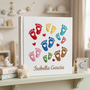 Personalized hand embroidered photo album featuring colorful baby footprints with heart details and custom baby name on linen cover