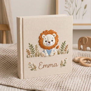 Personalized baby lion hand embroidered photo album with safari botanical design on linen cover