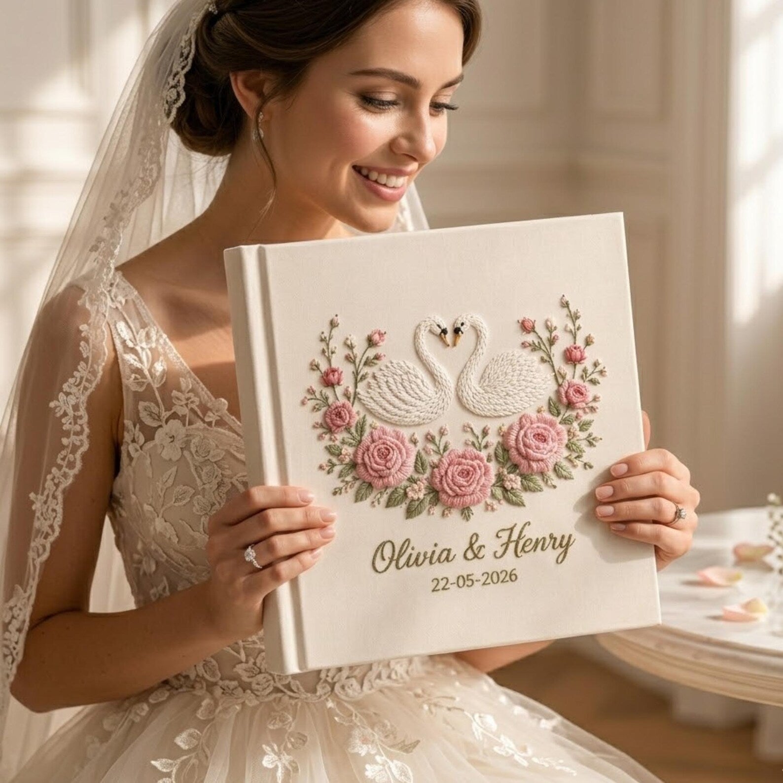 Personalized embroidered wedding photo album with white swans, pink rose floral embroidery, custom couple names, wedding date, and elegant linen hardcover design