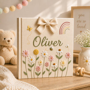 Personalized floral rainbow hand embroidered baby photo album with bees flowers butterflies and bow