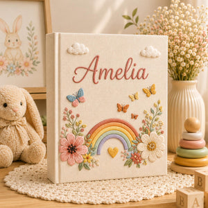 Personalized hand embroidered baby photo album with pastel rainbow, flowers, and butterflies