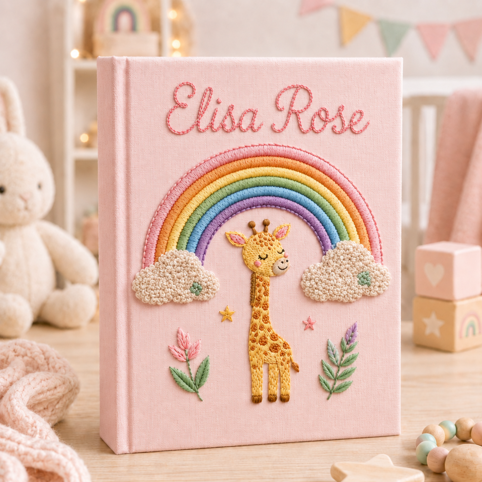 Personalized hand embroidered photo album featuring a pastel giraffe under a rainbow with clouds stars and nursery themed embroidery