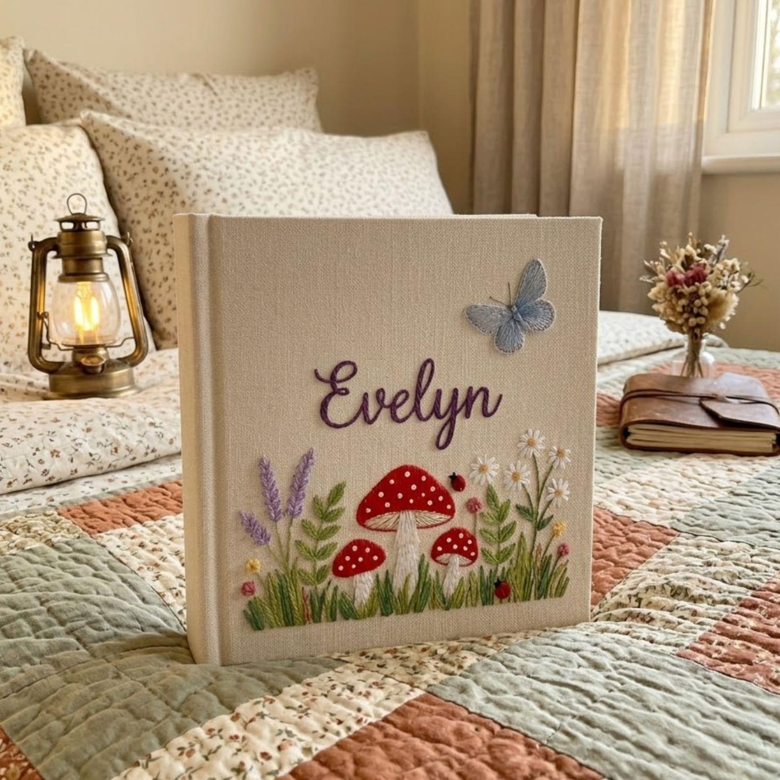 Personalized woodland mushroom embroidered baby photo album with whimsical forest design on linen cover