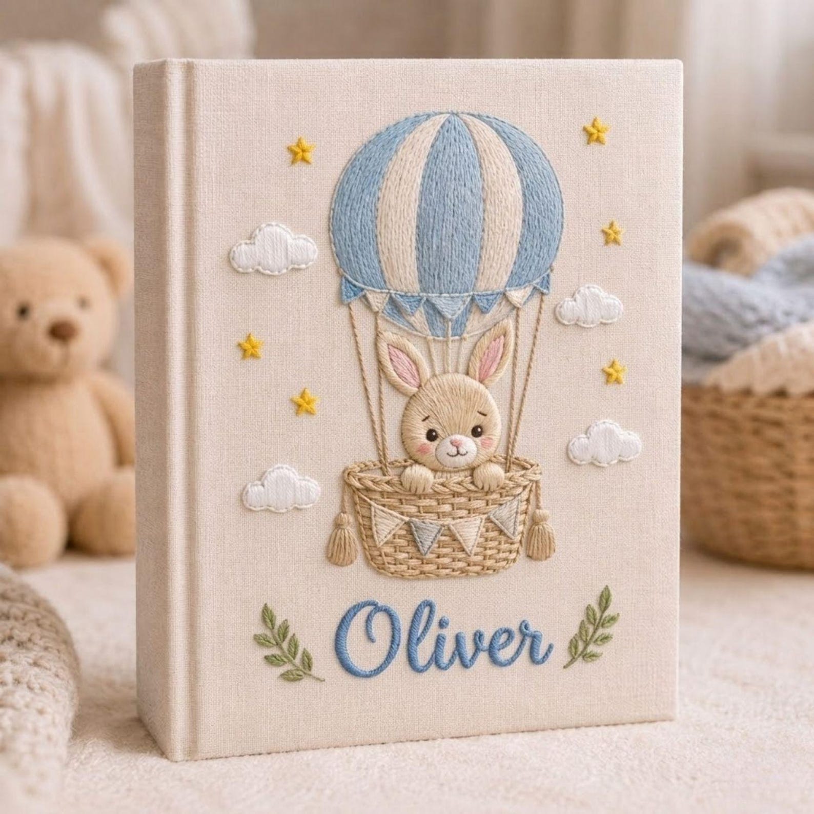 Personalized bunny balloon hand embroidered baby photo album with hot air balloon cloud and star design on linen cover