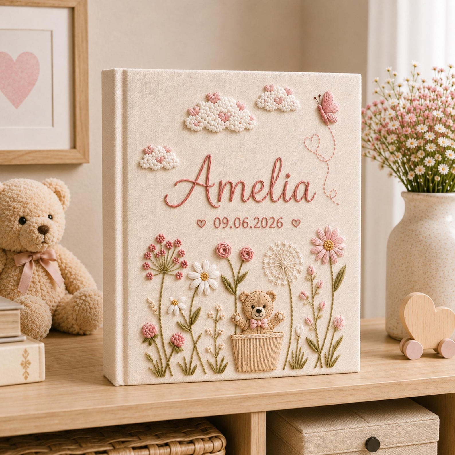 Personalized hand embroidered baby girl photo album with pink flowers clouds butterflies and teddy bear