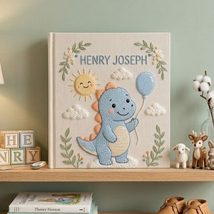 Personalized hand embroidered photo album featuring a cute blue dinosaur holding a balloon with sunshine and cloud details on a linen cover
