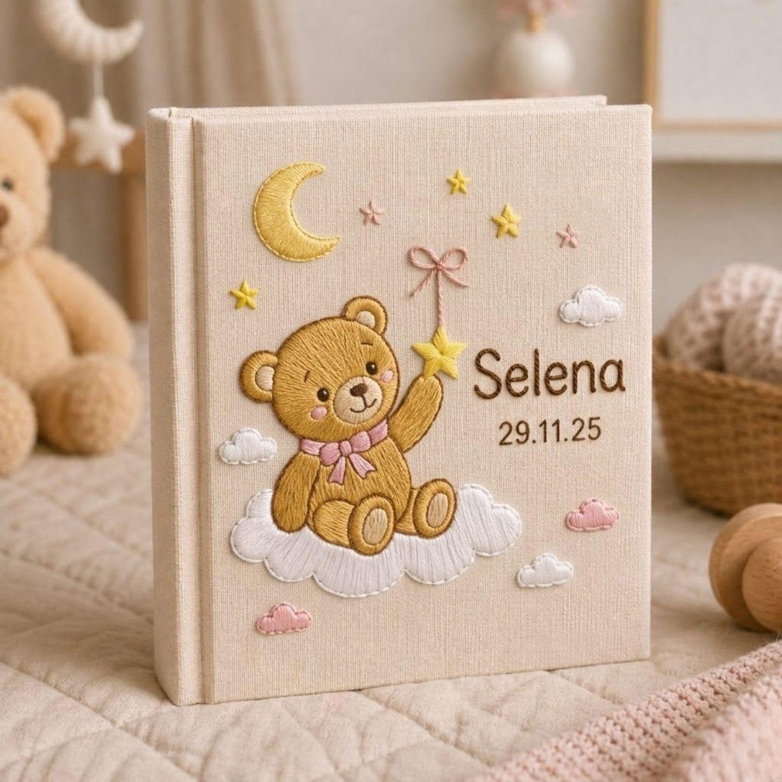 Personalized teddy moon hand embroidered baby photo album with cloud star and celestial nursery design on linen cover