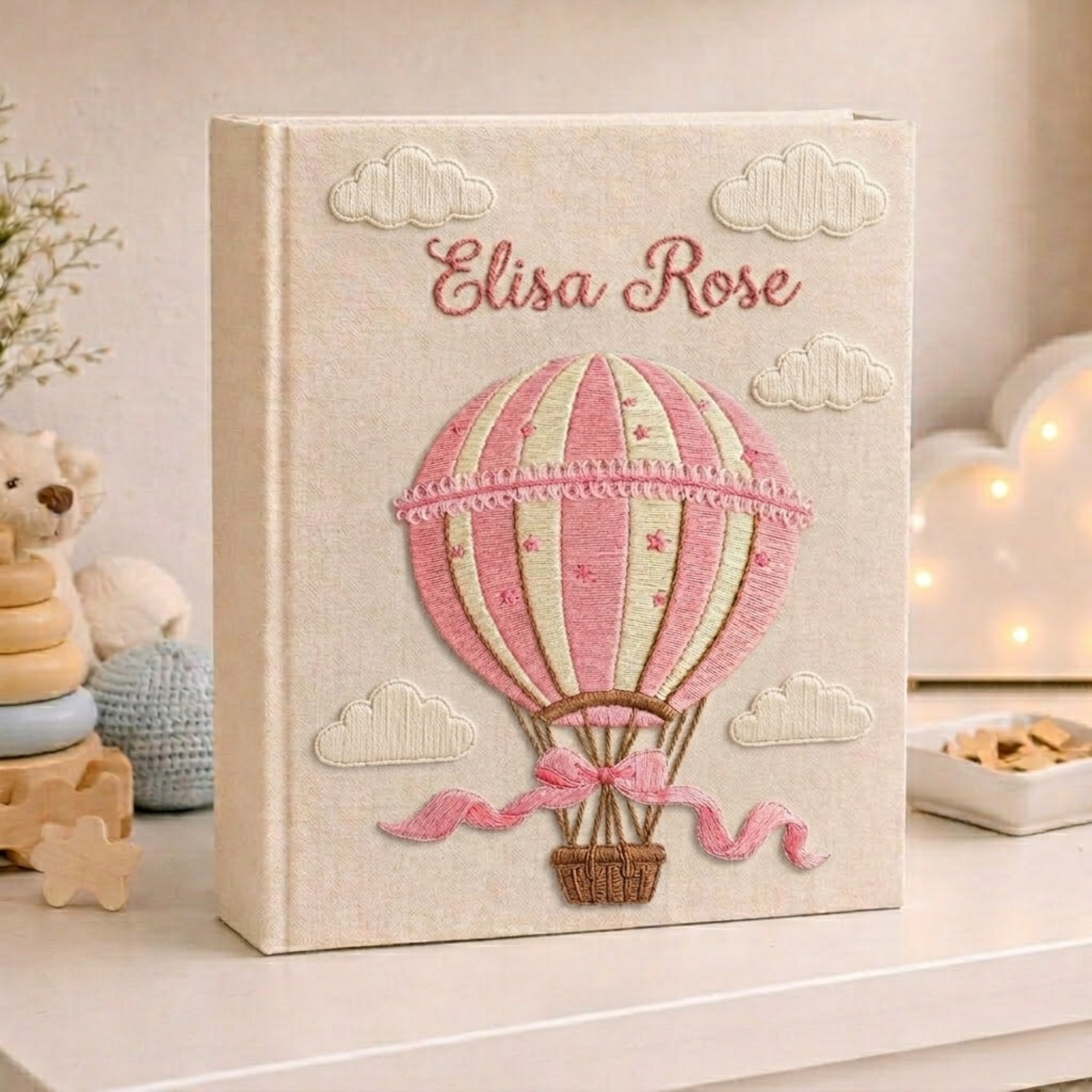 Personalized hand embroidered photo album with pink hot air balloon design, custom baby girl memory book keepsake gift