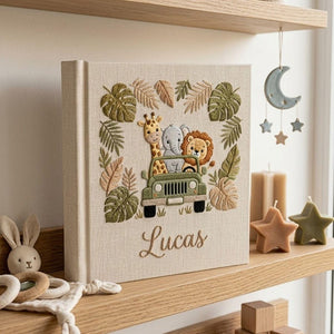Personalized safari animal embroidered baby photo album with jungle jeep design on linen cover