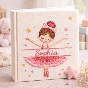 Personalized hand embroidered photo album featuring a cute ballerina wearing a pink tutu and ballet slippers with custom name embroidery on a premium linen cover