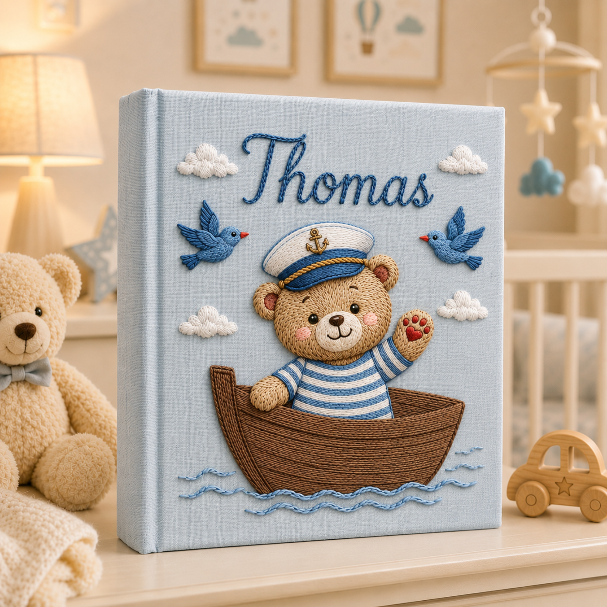 Personalized hand embroidered photo album featuring a little sailor character in a wooden boat with bluebirds and clouds on a linen cover