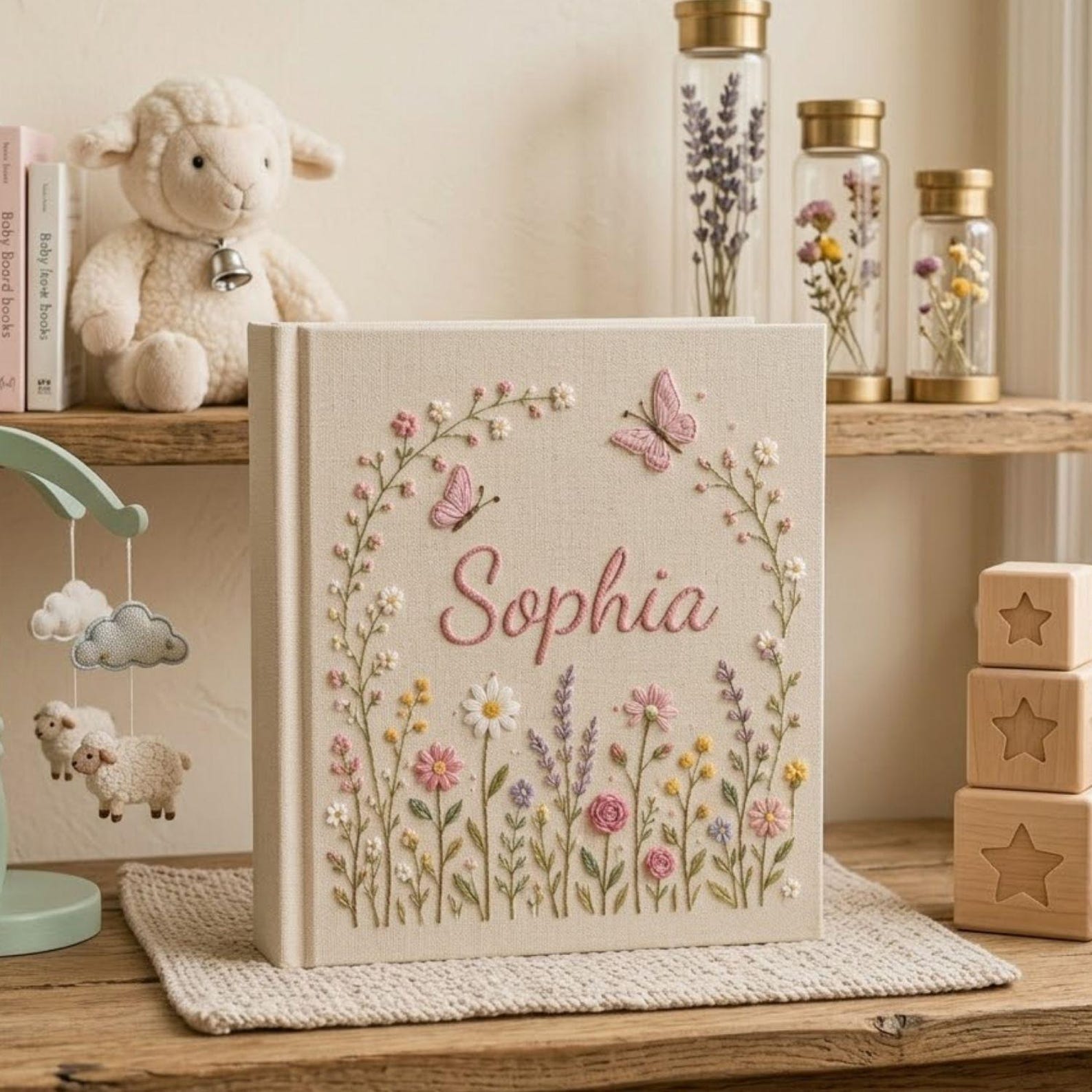 Personalized hand embroidered photo album featuring pastel wildflowers butterflies and custom name embroidery on linen cover