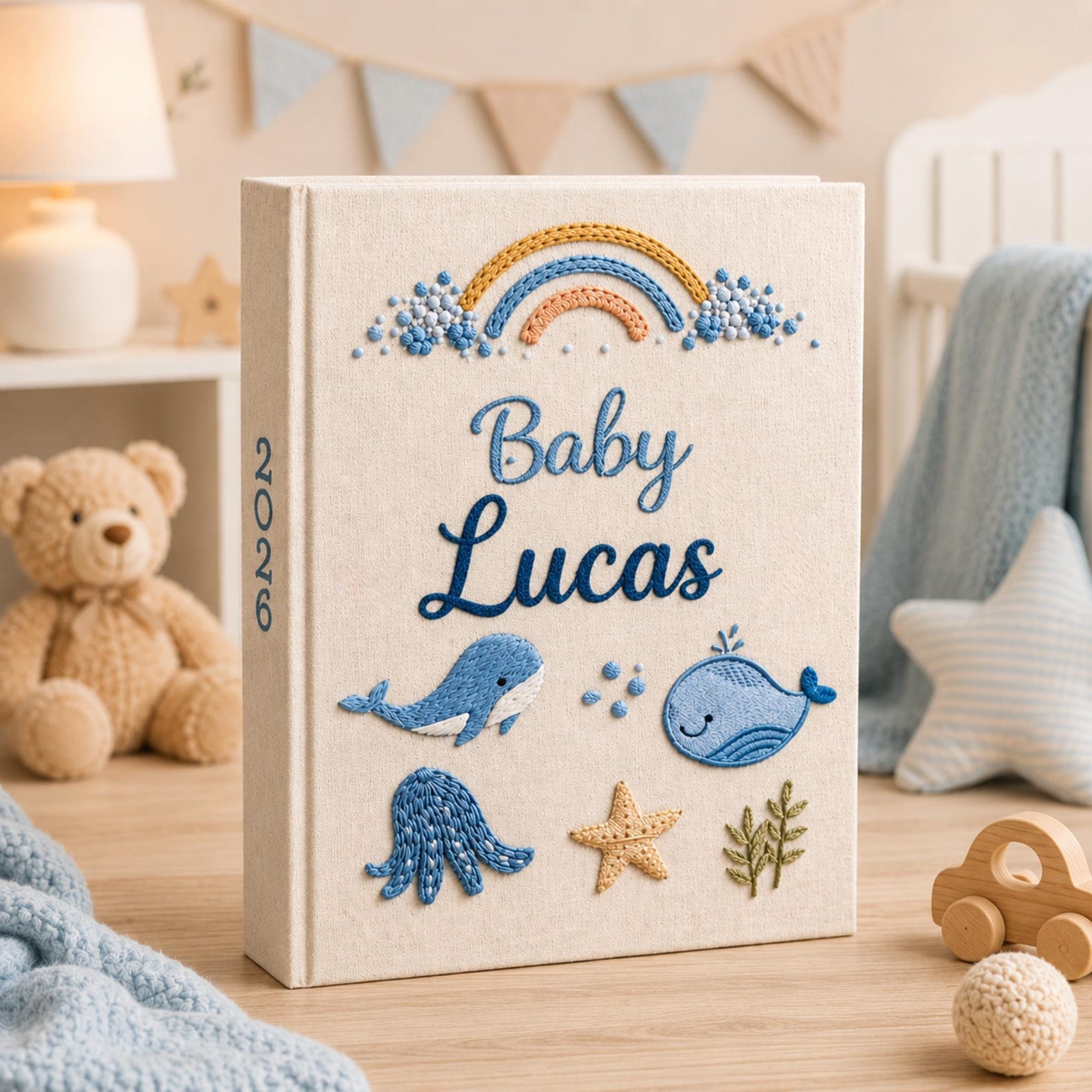 Personalized ocean animal hand embroidered photo album with whales jellyfish and rainbow nursery design