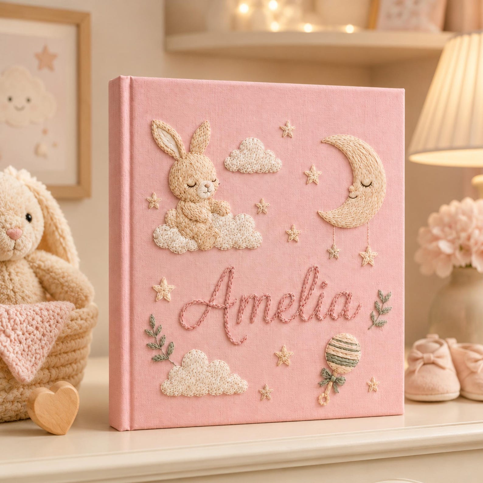 Personalized bunny hand embroidered photo album with moon clouds and stars nursery keepsake design