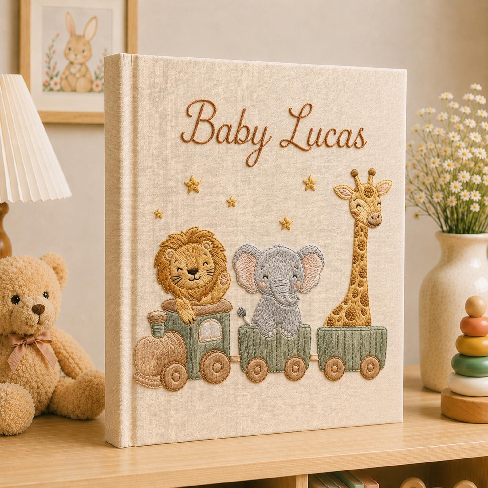 Personalized safari train hand embroidered photo album with lion elephant giraffe and custom baby name