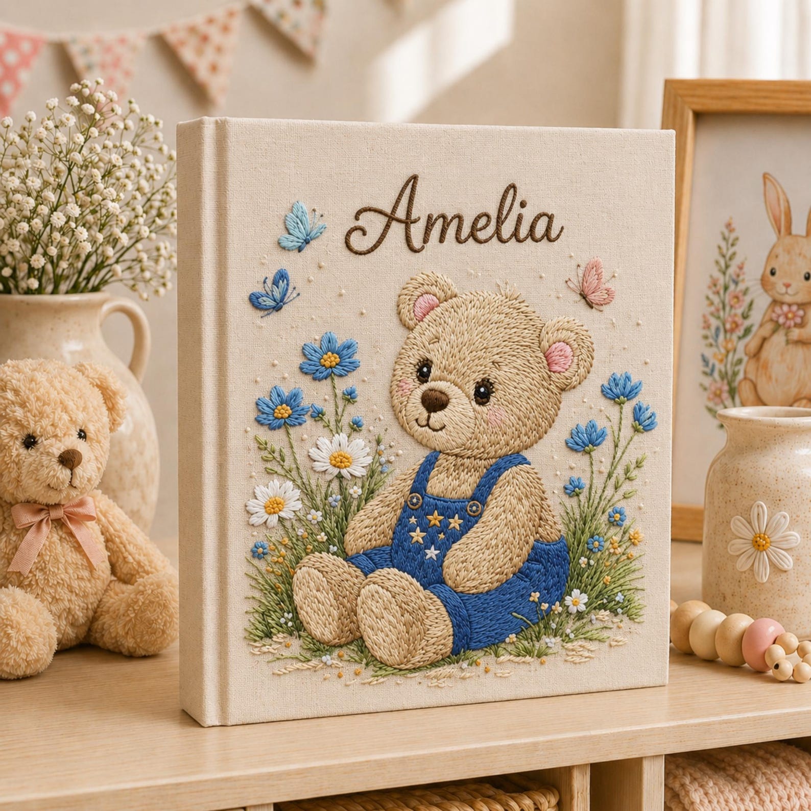 Personalized hand embroidered baby photo album with teddy bear in blue overalls surrounded by flowers and butterflies