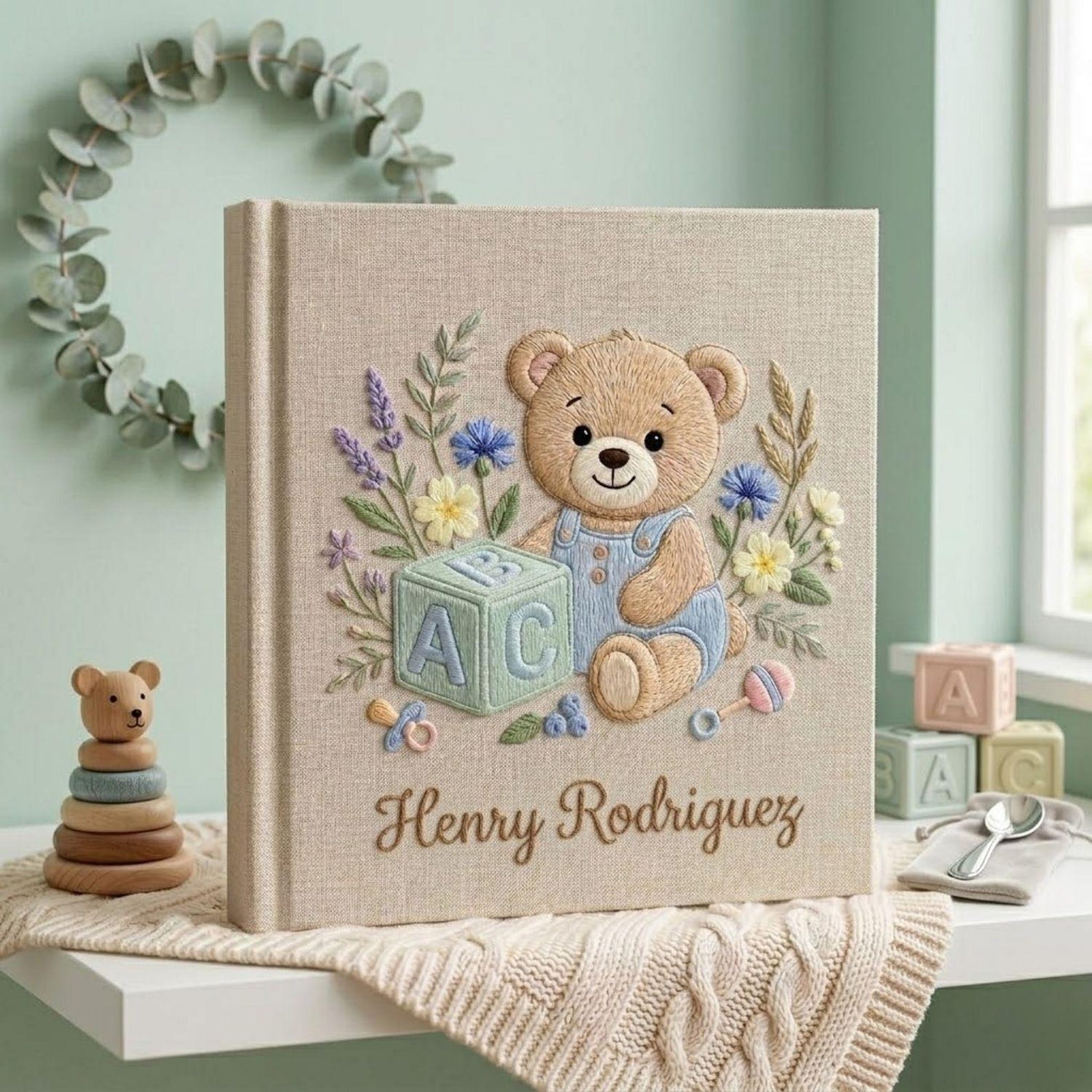 Personalized hand embroidered photo album featuring teddy bear in blue overalls with alphabet block and floral details on linen cover