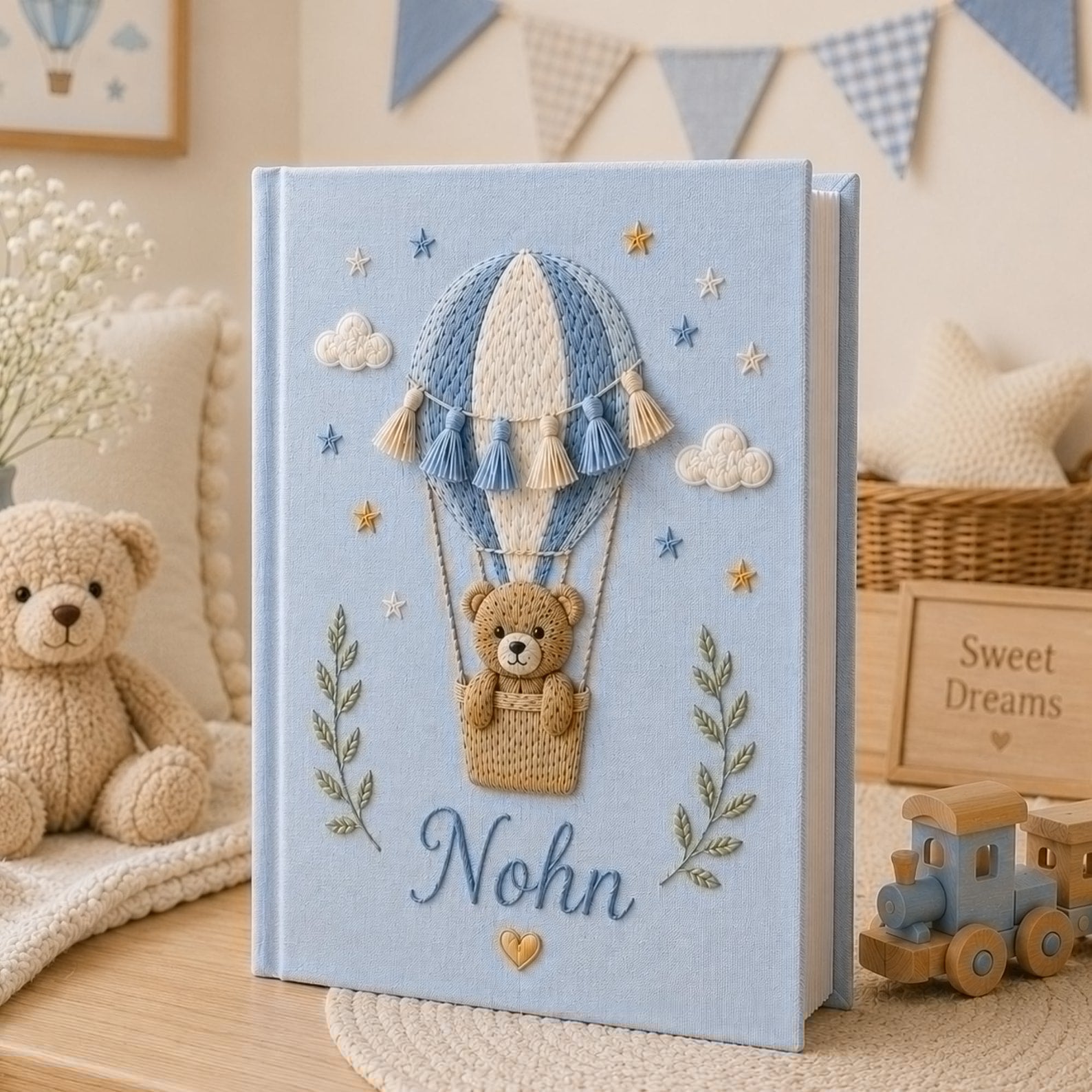 Personalized hand embroidered baby photo album with teddy bear in boho hot air balloon and tassel embroidery