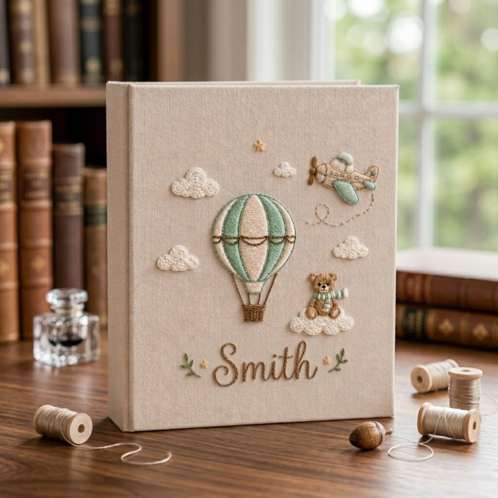 Personalized adventure travel hand embroidered baby photo album with hot air balloon airplane and teddy bear design on linen cover