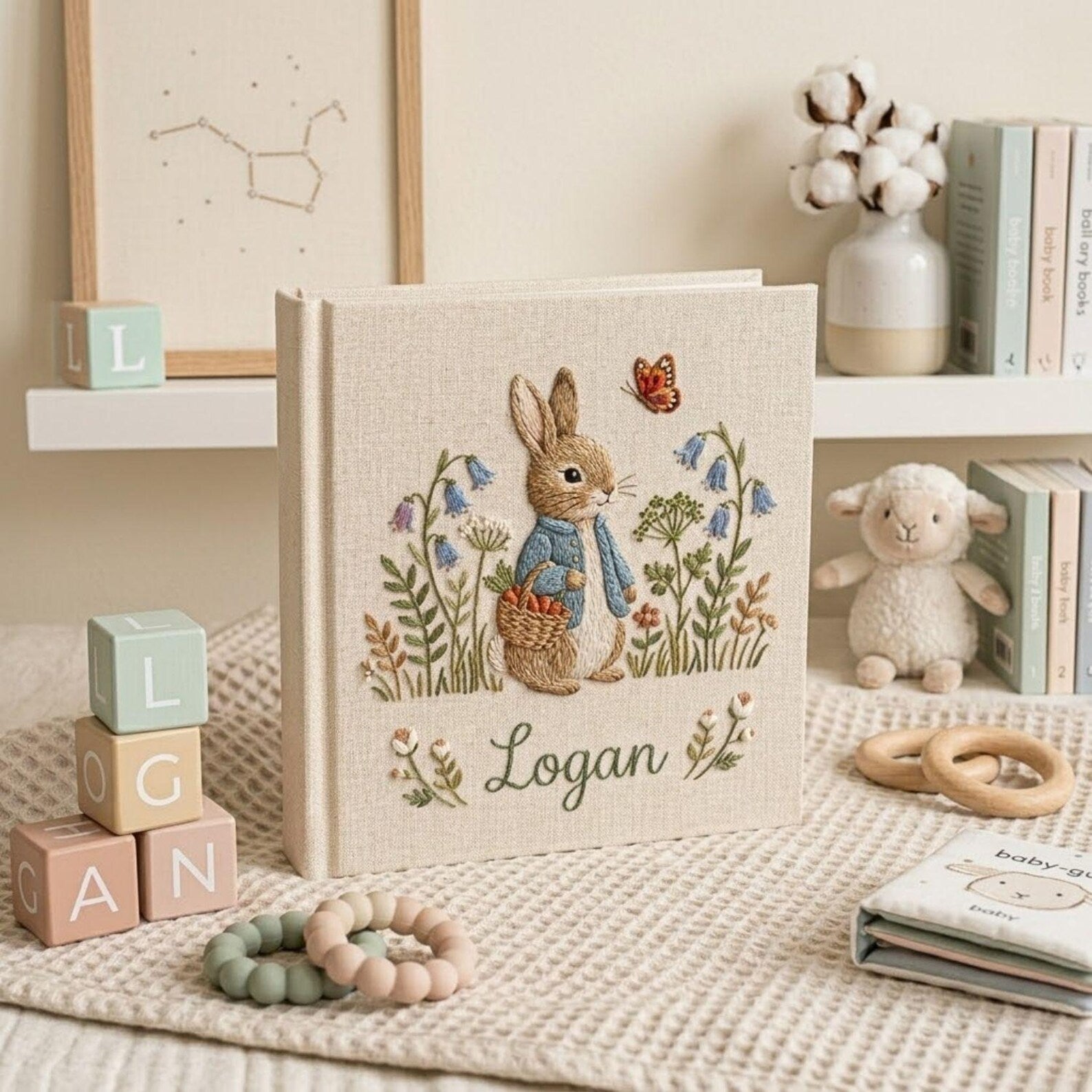 Personalized woodland bunny hand embroidered baby photo album with floral forest nursery design on linen cover