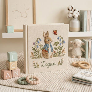 Personalized woodland bunny hand embroidered baby photo album with floral forest nursery design on linen cover