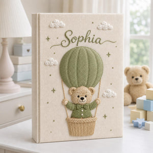 Personalized hand embroidered baby photo album with teddy bear in sage green hot air balloon