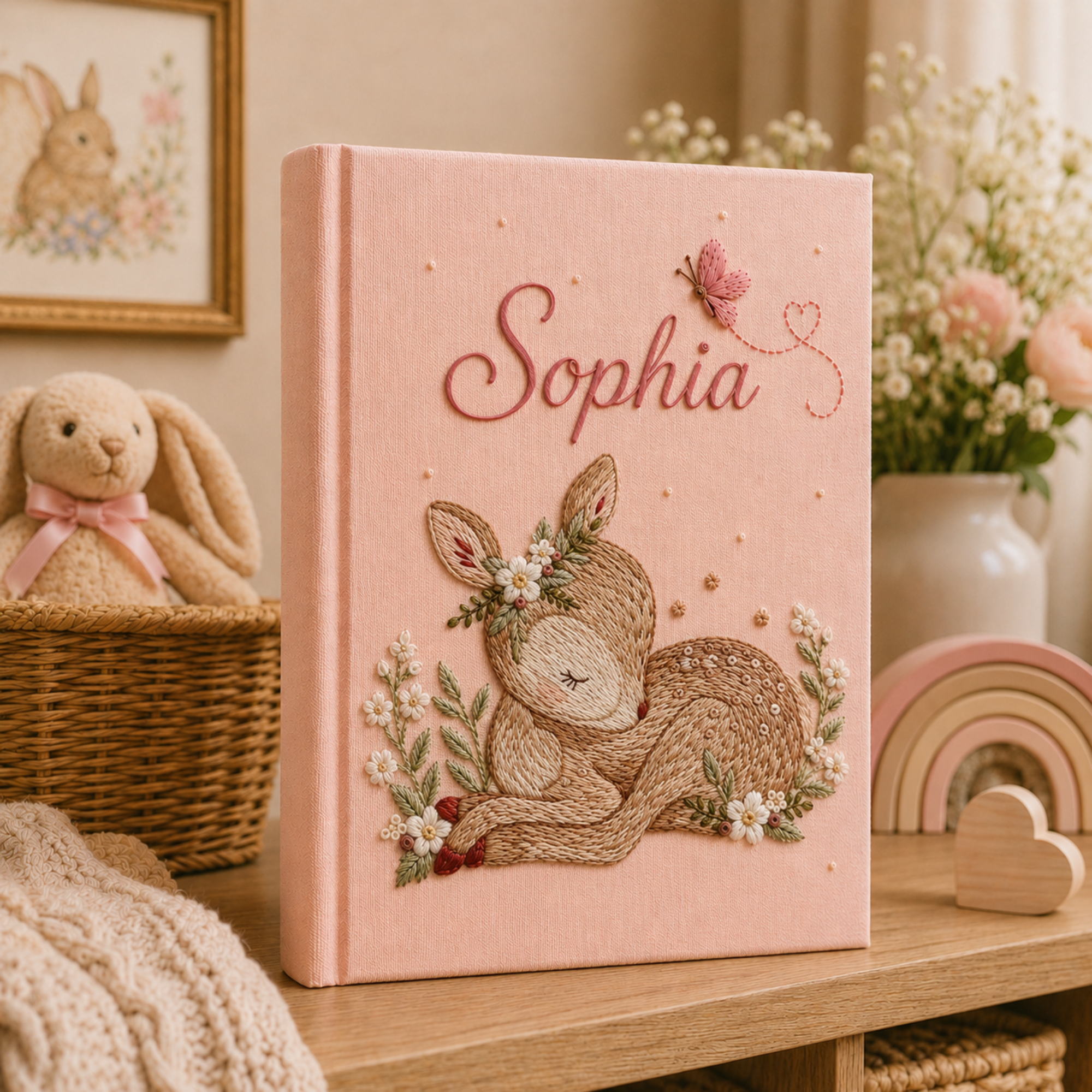Personalized hand embroidered photo album featuring a sleeping woodland fawn surrounded by flowers and butterfly accents with custom name embroidery