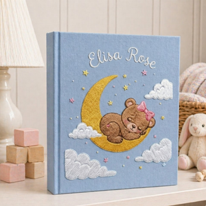 personalized photo album, moon teddy album, baby keepsake album, embroidered memory book, nursery photo album, custom baby gift, sleeping bear album, moon and stars album, baby memory book, newborn keepsake, baby shower gift, handmade photo album, childhood keepsake