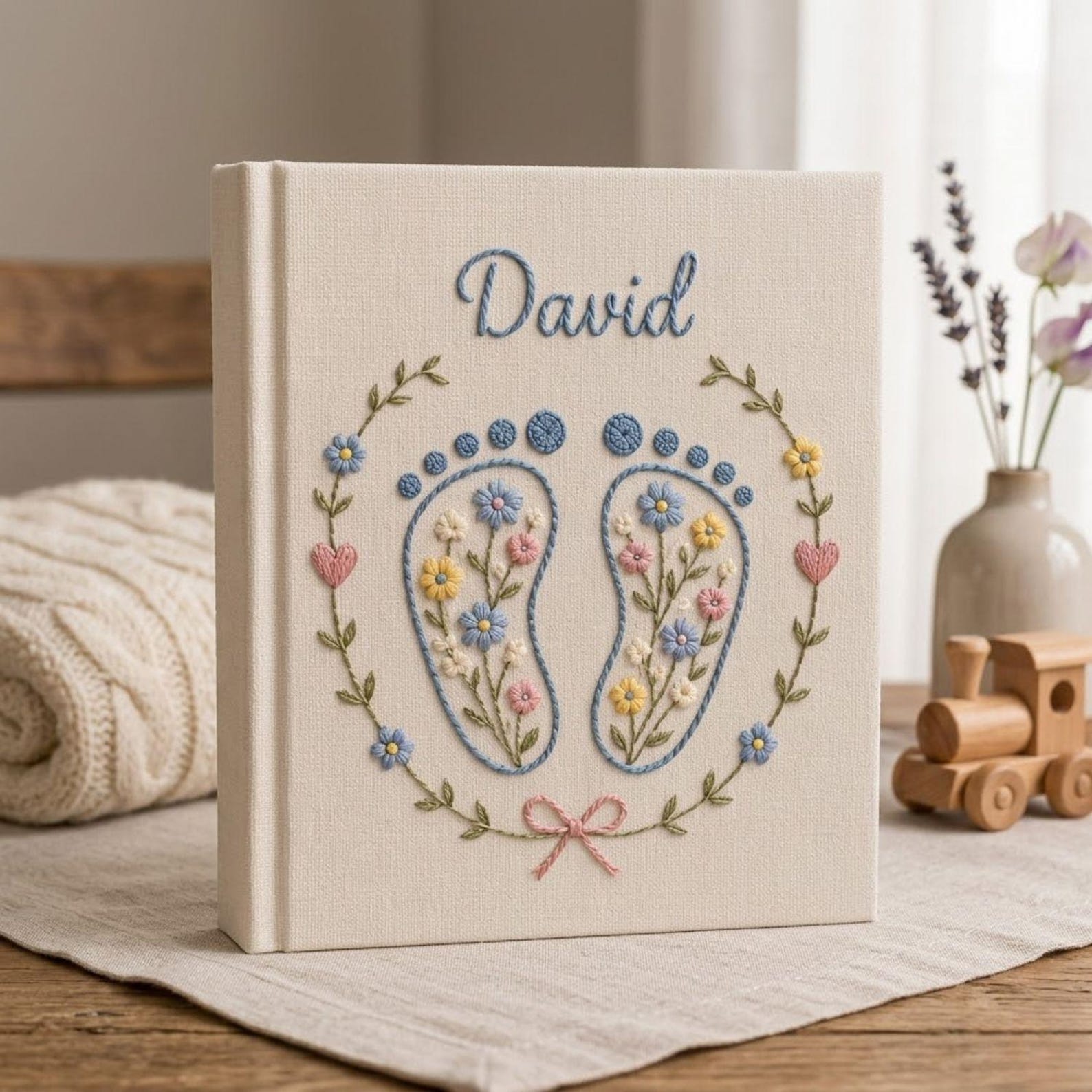 Personalized baby feet hand embroidered photo album with floral pastel footprint design on linen cover