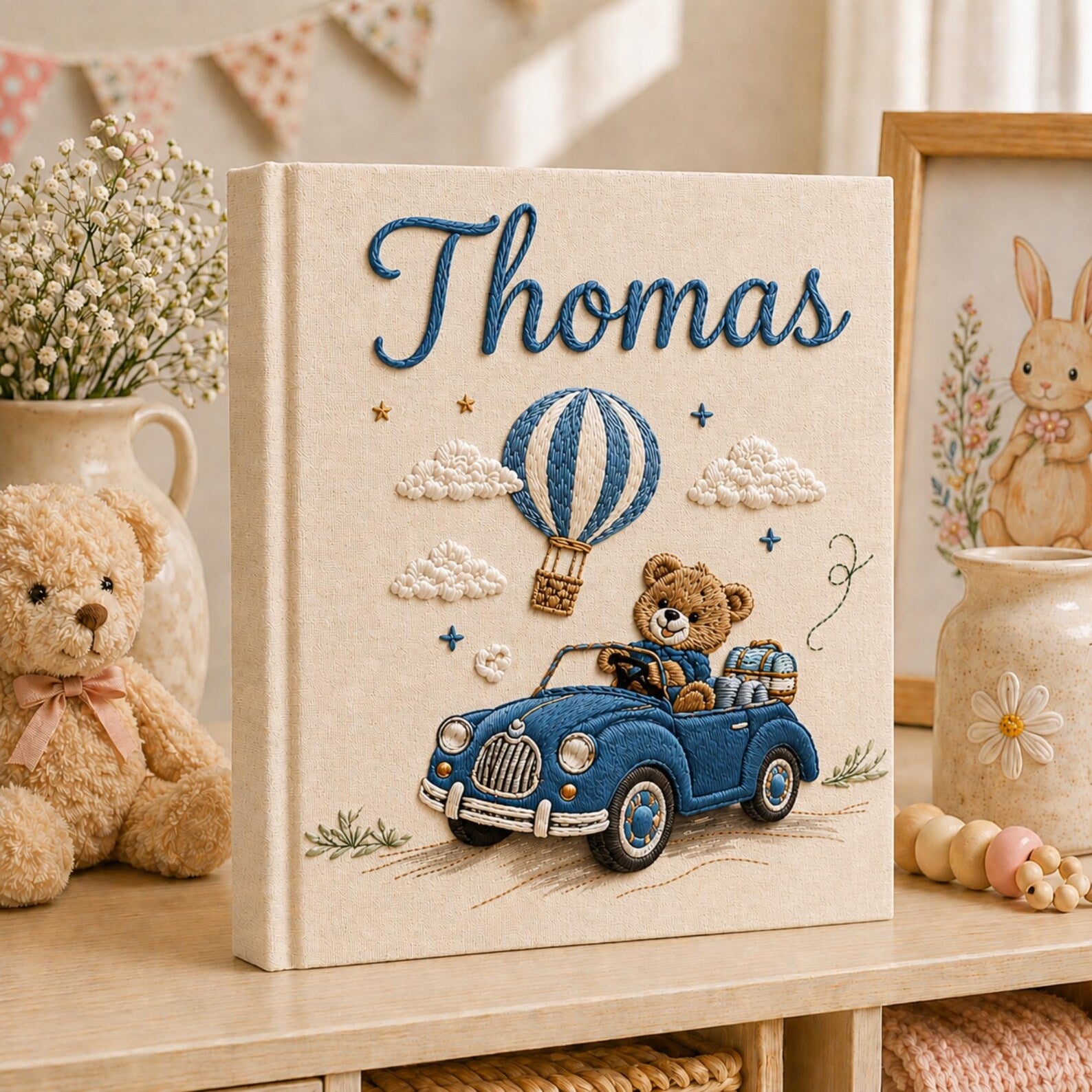 Personalized baby boy hand embroidered photo album with teddy bear driving blue vintage car and hot air balloon