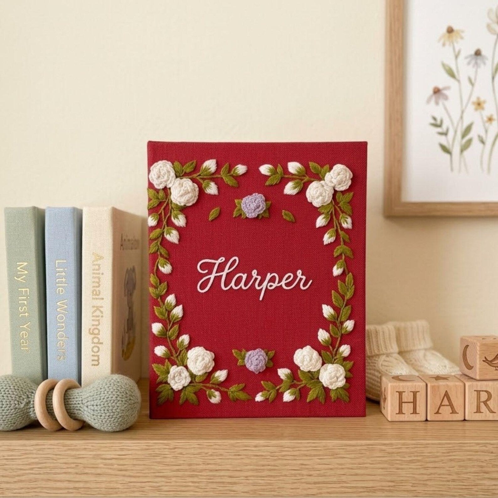 Personalized floral frame hand embroidered baby photo album with embroidered roses and greenery on berry red linen cover