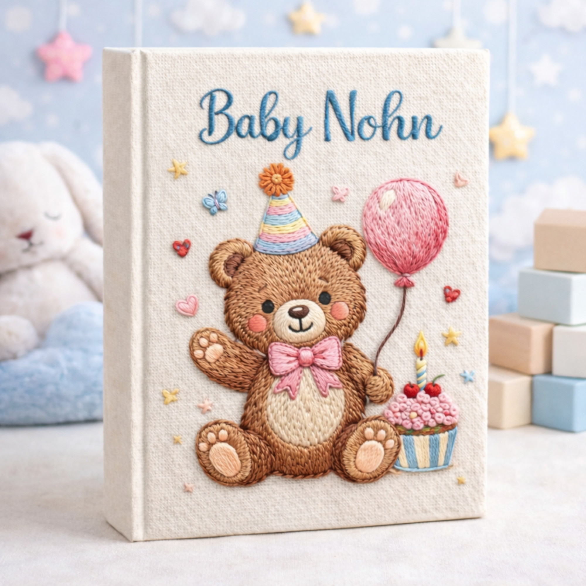 Personalized hand embroidered photo album featuring a birthday teddy bear holding a cake with heart balloons and gift boxes on a linen cover