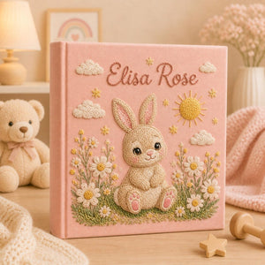 Personalized hand embroidered baby photo album with sleepy bunny, crescent moon, stars, and fluffy cloud embroidery details