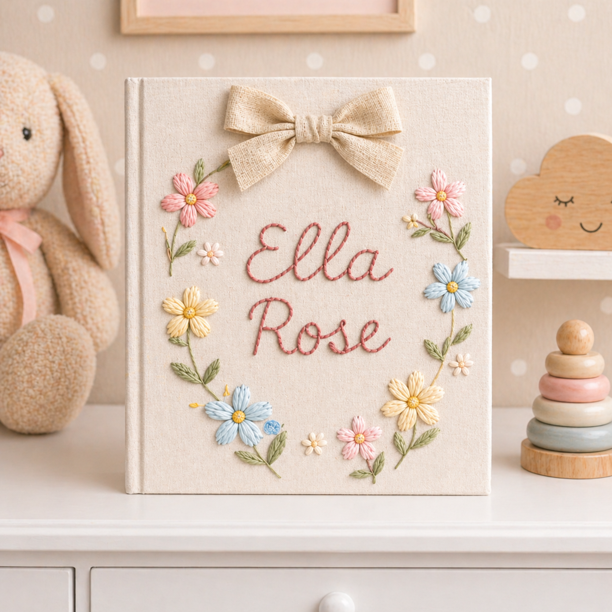 Personalized hand embroidered photo album featuring a floral name crest with pastel flowers and elegant bow on a pink linen cover