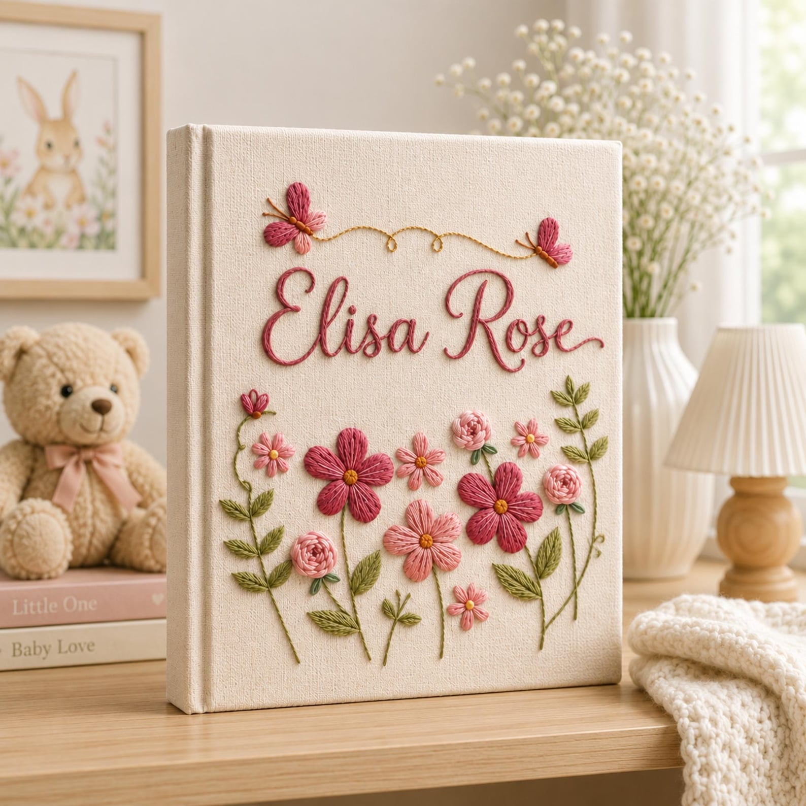Personalized hand embroidered floral baby photo album with pink flowers and butterfly accents