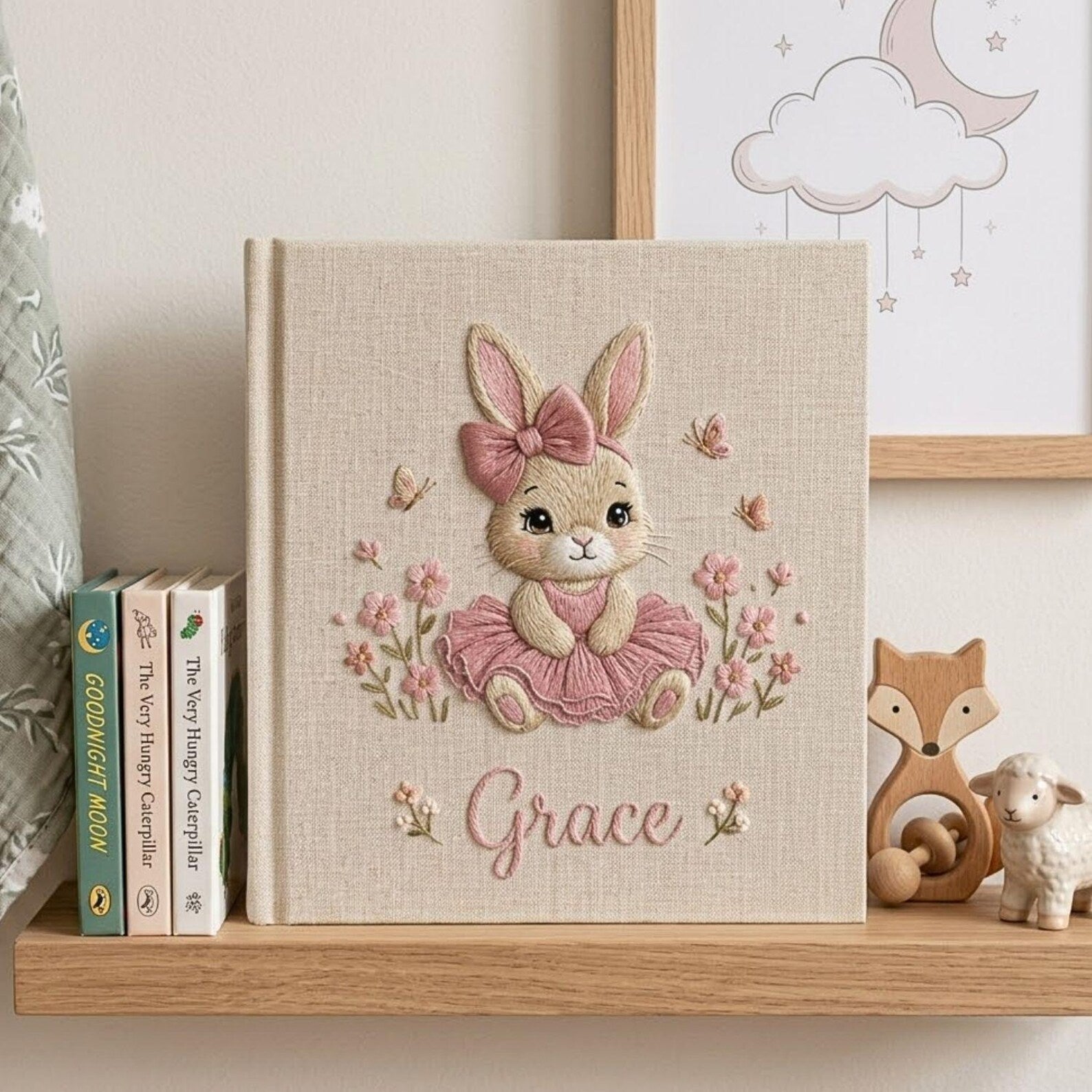 Personalized bunny princess embroidered baby photo album with pink ballerina bunny design on linen cover