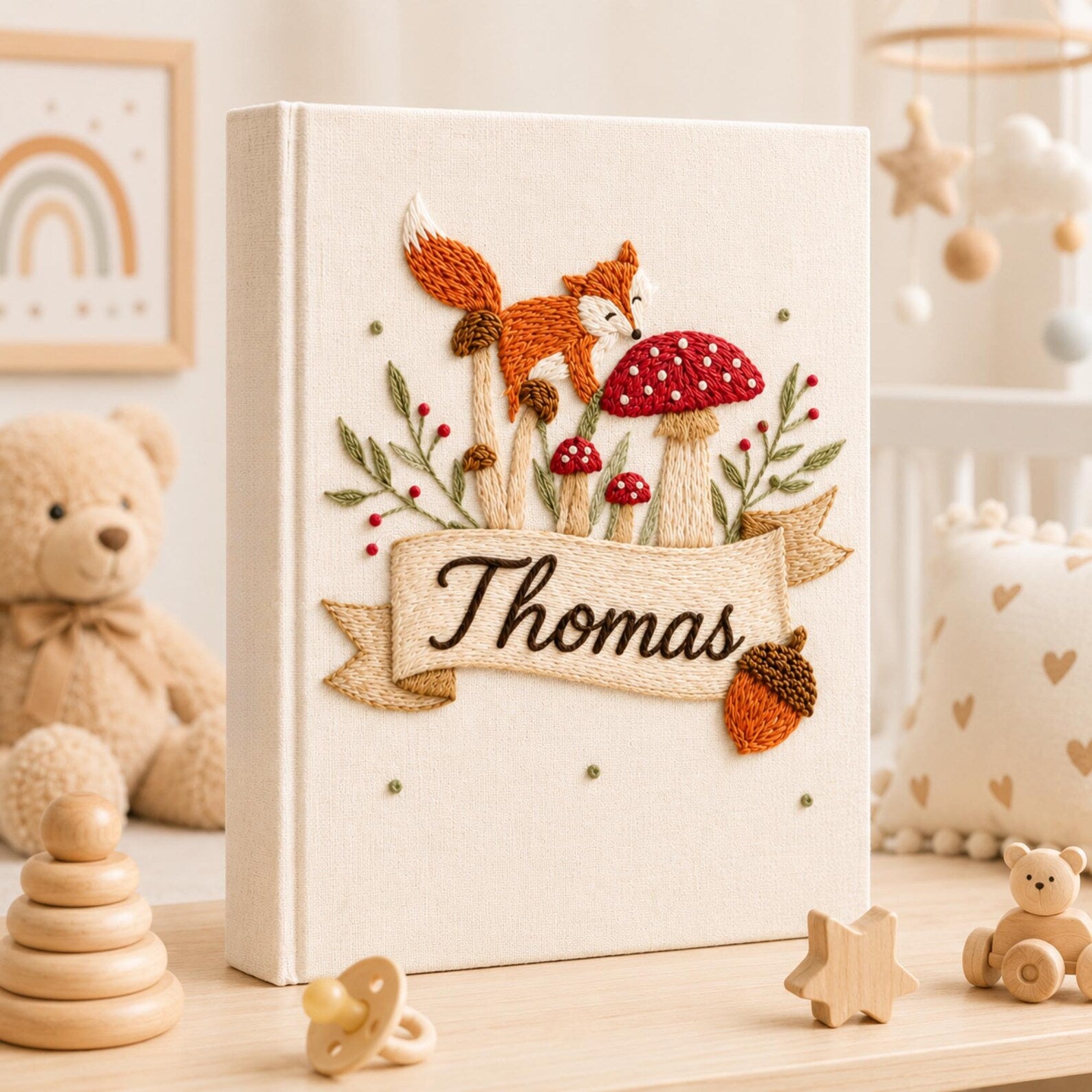 Personalized woodland fox hand embroidered photo album with mushroom and cottagecore nursery design