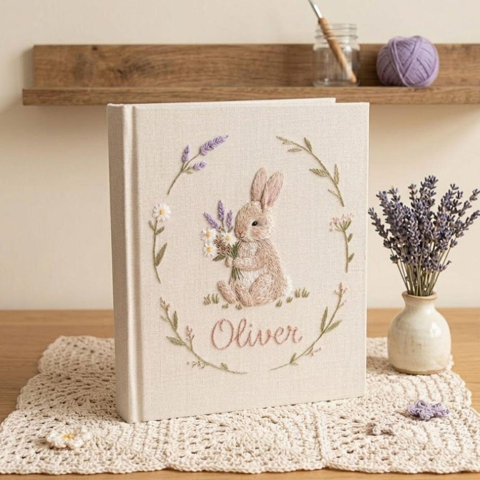 Personalized bunny lavender hand embroidered baby photo album with floral botanical design on linen cover