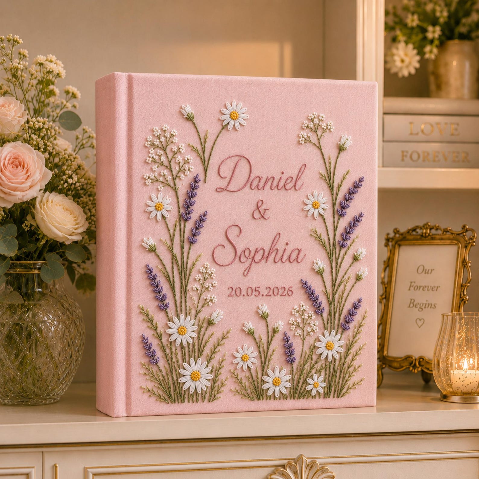 Personalized hand embroidered daisy lavender wedding photo album with botanical floral embroidery and custom names on linen cover