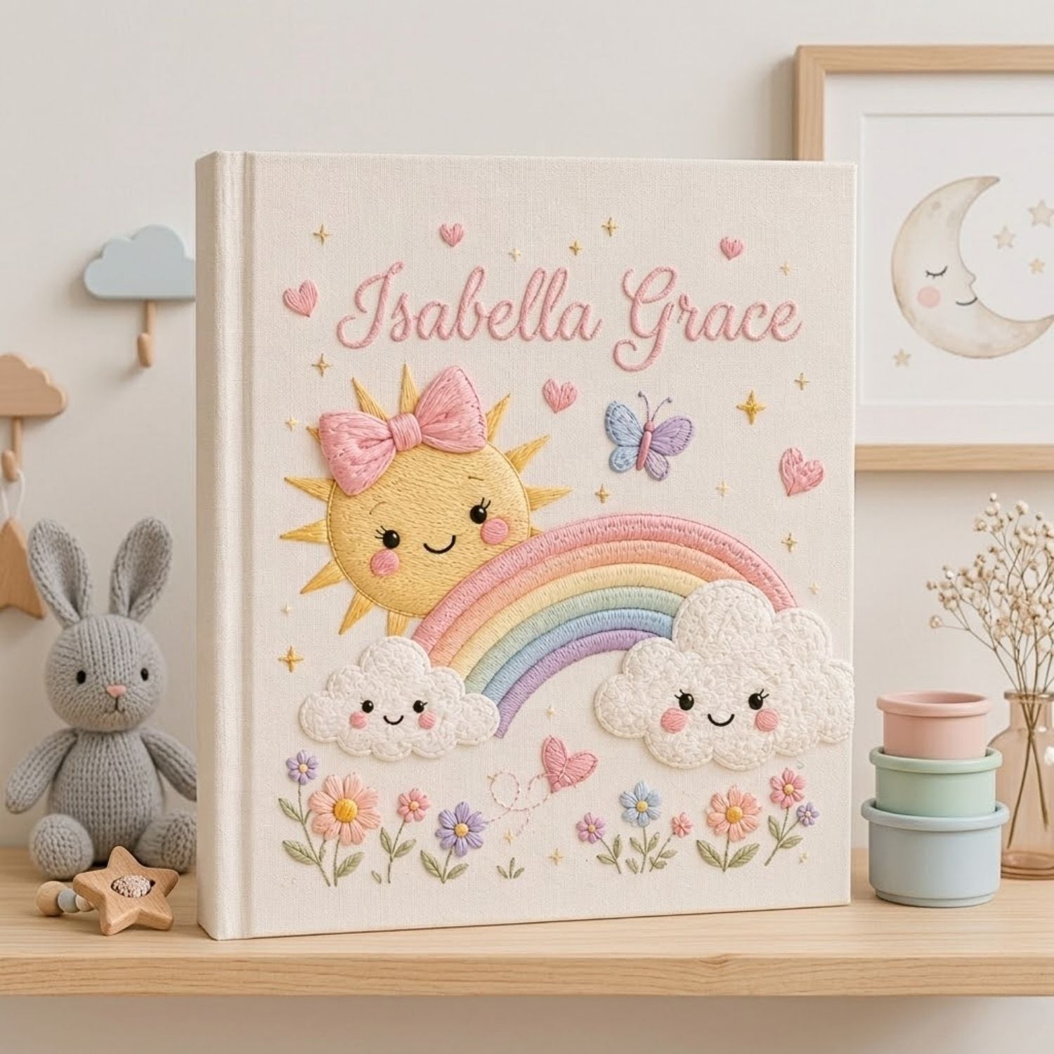 Personalized hand embroidered photo album featuring a smiling sun with bow, pastel rainbow, fluffy clouds, butterflies, and flowers on a premium linen cover customized with a baby name