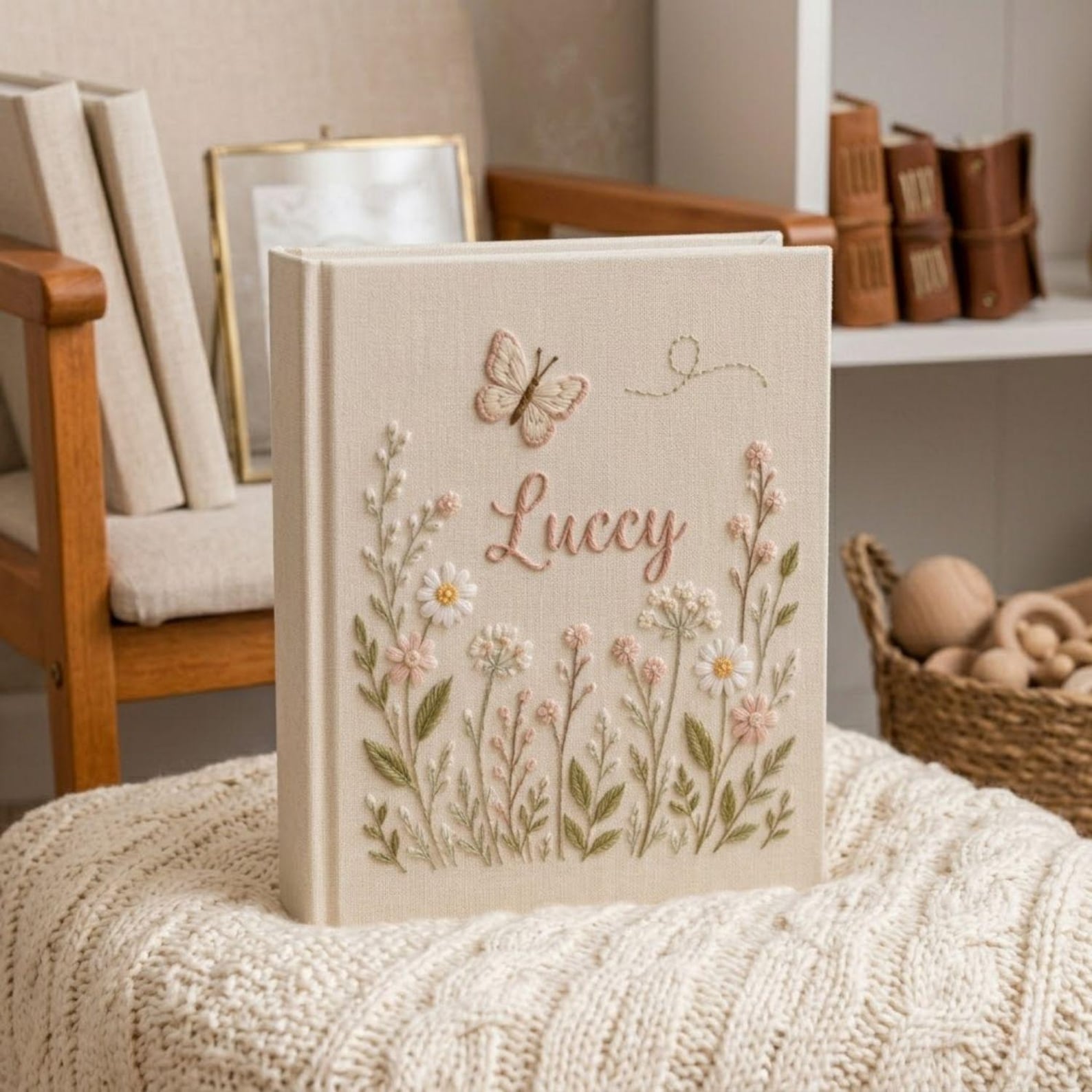 Personalized wildflower butterfly hand embroidered baby photo album with floral botanical design on linen cover