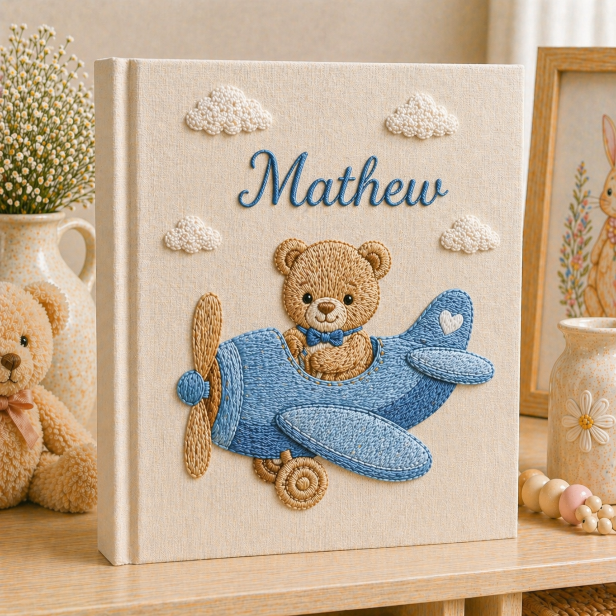 Personalized hand embroidered photo album featuring a teddy bear piloting a blue vintage airplane among fluffy clouds on a premium linen cover customized with a baby name