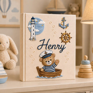 Personalized hand embroidered baby photo album with sailor teddy bear boat lighthouse and nautical nursery design