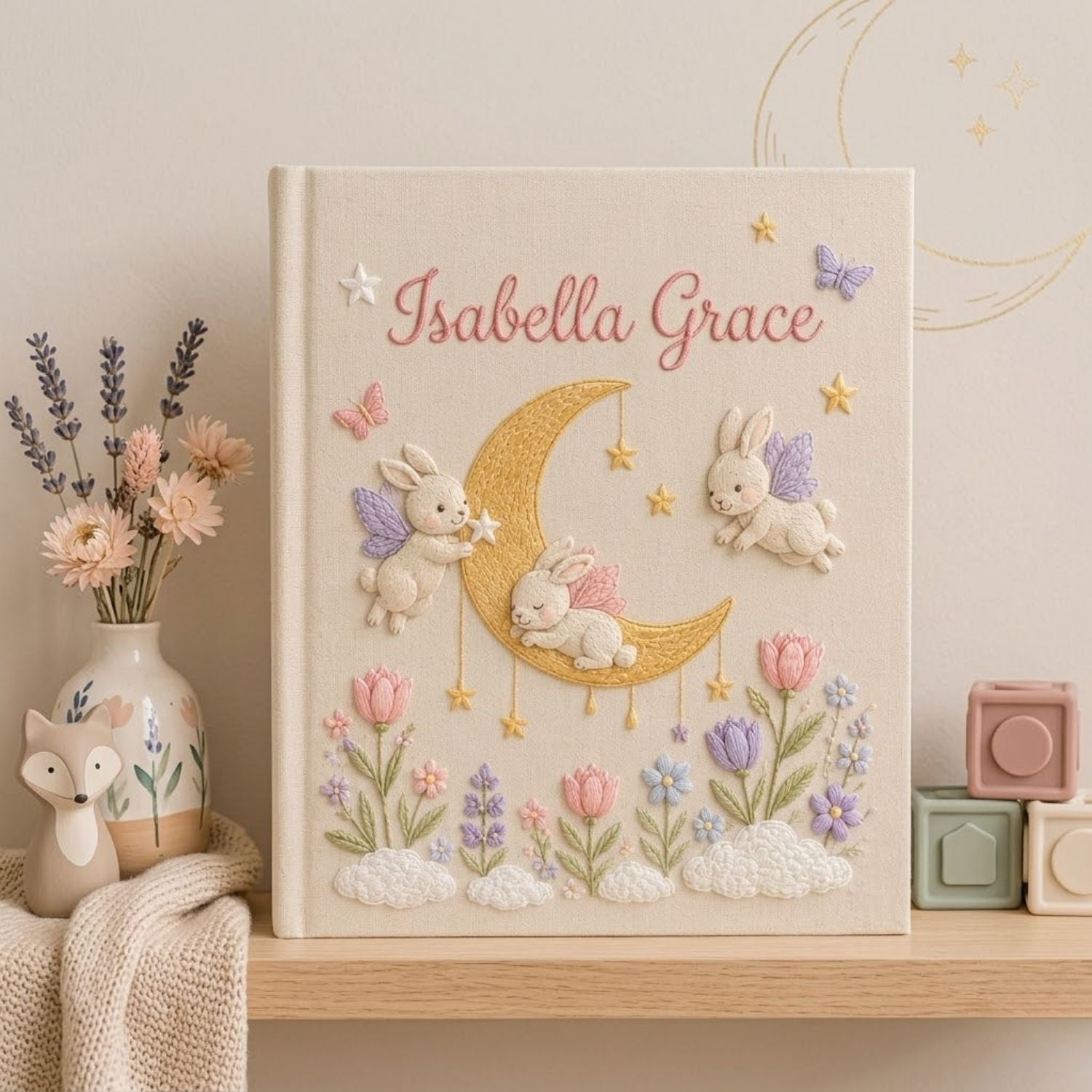 Personalized hand embroidered photo album featuring fairy bunnies around a golden crescent moon with stars, flowers, butterflies, and clouds on a premium linen cover customized with a baby name
