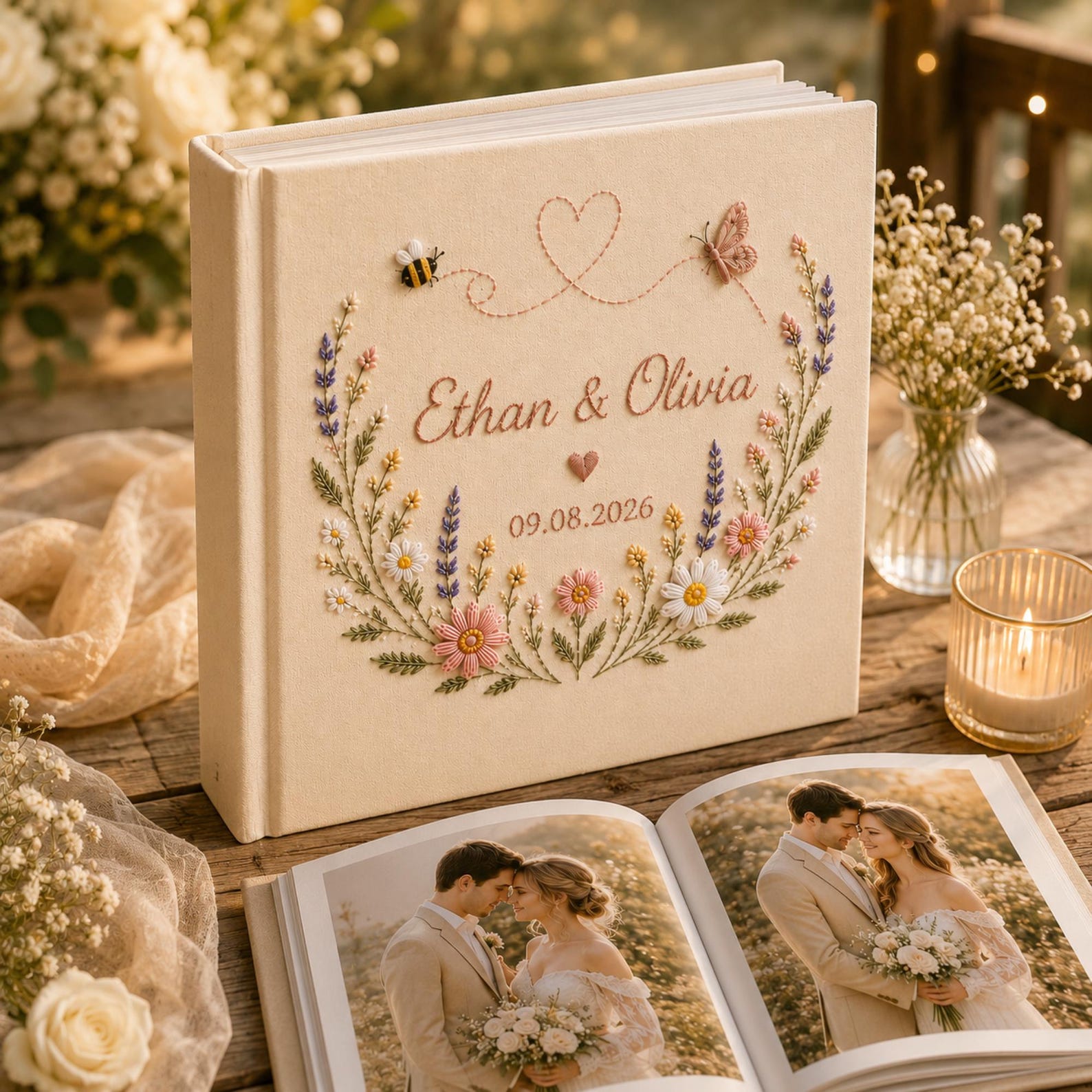 Personalized embroidered wedding photo album with pastel flowers lavender butterflies and custom couple names on linen cover